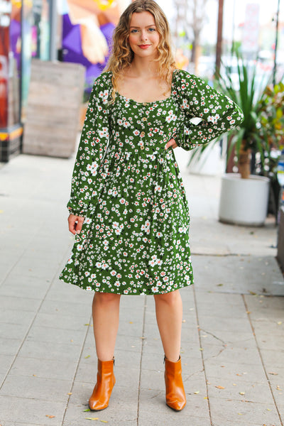 Positive Perceptions Olive Ditsy Floral Square Neck Dress