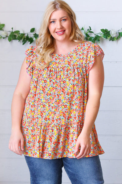 Sunset Floral Print Ruffle Tiered Keyhole Top