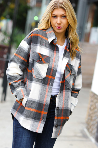 Charcoal & Rust Plaid Flannel Button Down Oversized Jacket