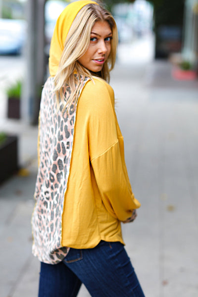 Mustard Leopard Print Button Placard Terry Oversized Hoodie
