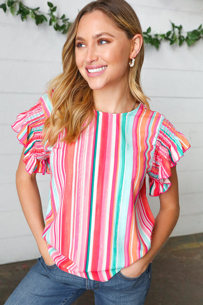 Watercolor Stripe Smocked Ruffle Frill Sleeve Top