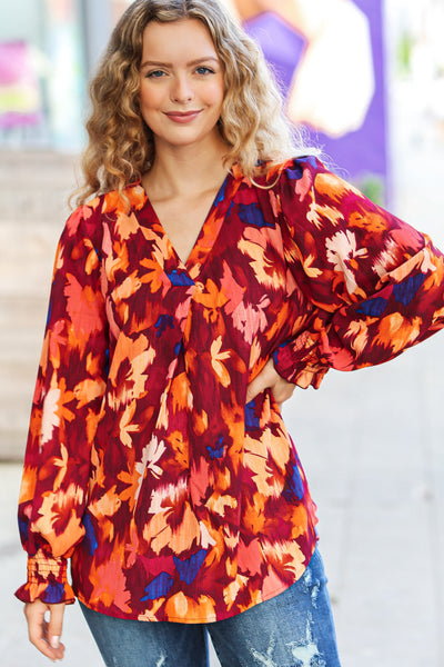 Face The Day Burgundy Floral Abstract Print V Neck Smocked Top