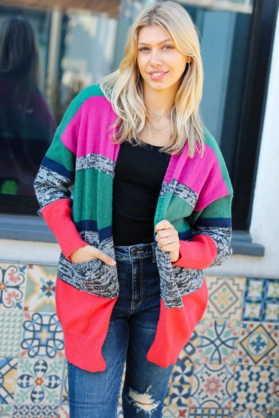 Face The Day Magenta & Hunter Green Two Tone Cardigan