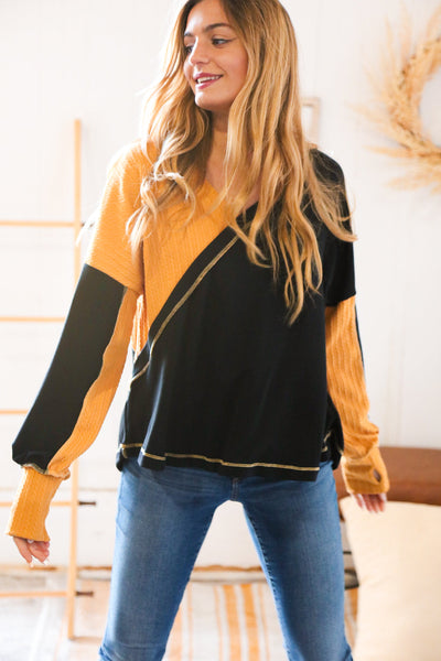 Mustard Cable Knit Outseam V Neck Thumbhole Sweater