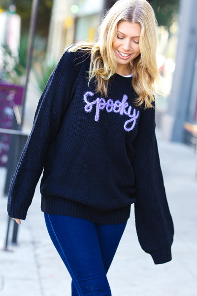 All Eyes On Me Black Lurex Embroidered "Spooky" Chunky Sweater