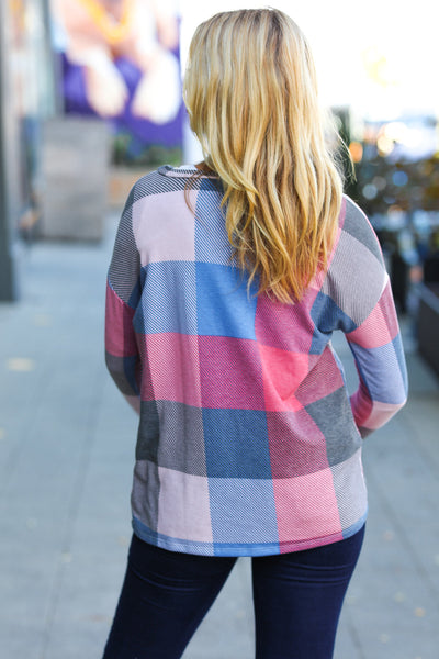 Weekend Ready Blue & Plum Checker Plaid French Terry Top