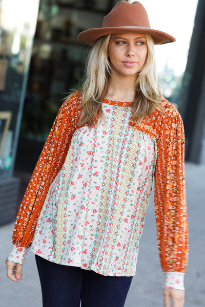 Rust & Taupe Vertical Floral Color Block Bubble Sleeve Top