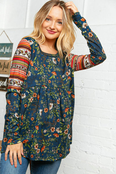 Navy Floral Hacci Babydoll Ethnic Sleeve Top