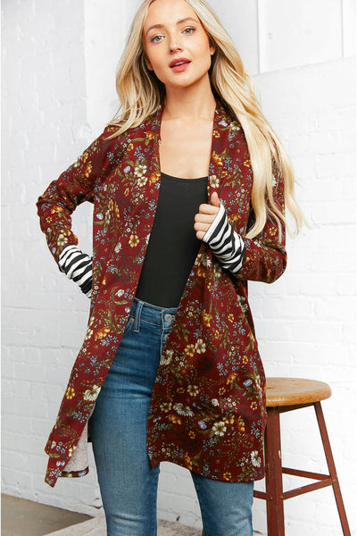 Burgundy Floral Stripe Cardigan with Thumbholes