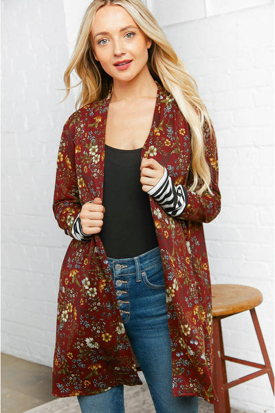 Burgundy Floral Stripe Cardigan with Thumbholes