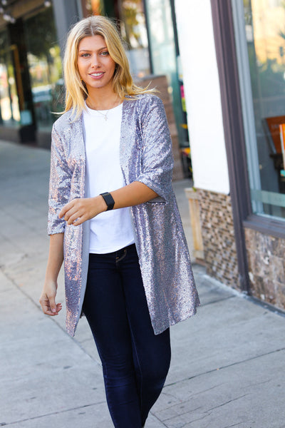 Holiday Silver Iridescent Sequin Open Lined Cardigan