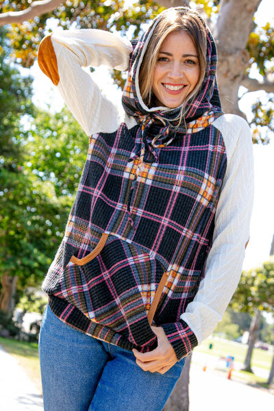 Multicolor Plaid Cable Knit Elbow Pad Hoodie